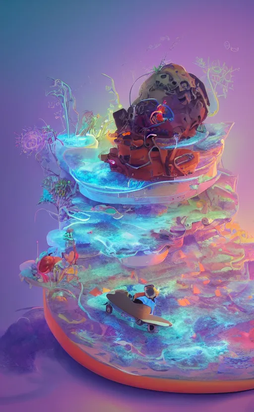 Image similar to tiny skateboard, volcano, floating, rbc, radiolaria, protophyta, micro - organisms, center frame, symmetric, rim light, marine microbiology, bioluminescence, electric, fur, soft, concept art, intricate details, highly detailed, colorful, photorealistic, disney pixar, octane render, iridescent, anime, 8 k