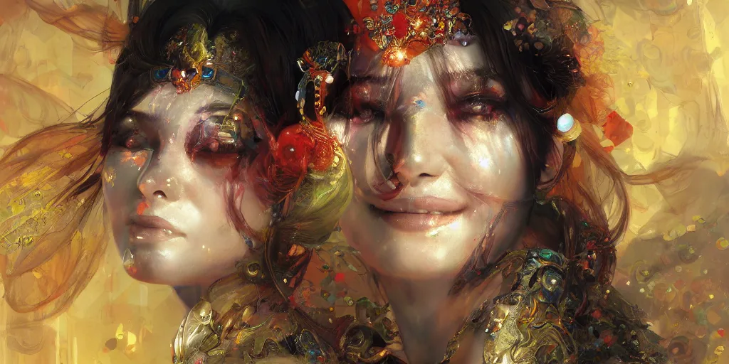 Prompt: Psychedelic portrait of a smiling Goddess by Stanley Artgerm Lau, Ruan Jia and Fenghua Zhong