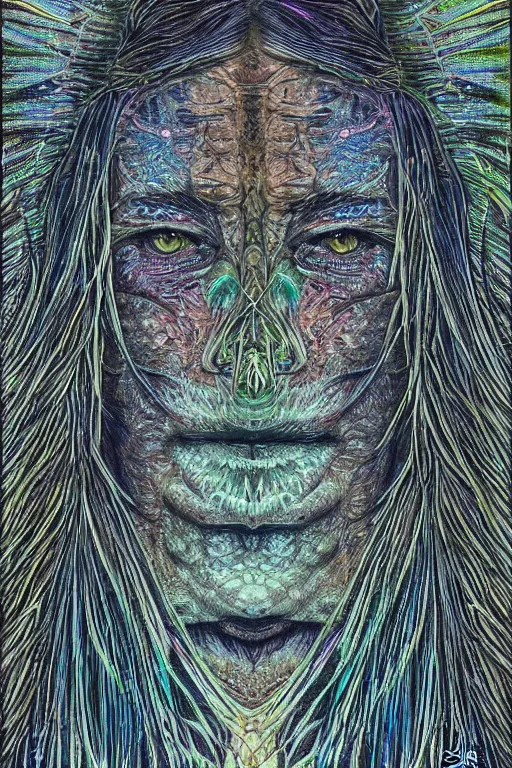 Image similar to beautiful dark portrait of one Bioluminescent old shaman, with cracked fractal semi-transparent skin. multicolored fish scales, closeup. long hair full of insects and plant leaves. at night, realistic. intricate, very detailed, by alex grey and Moebius