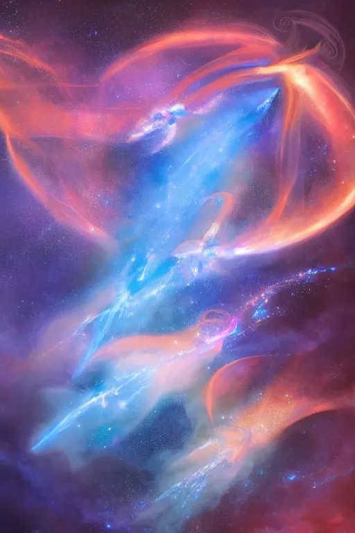 Image similar to Ethereal blue fire dolphins flying through a nebula, Sirius star system, star dust, cosmic, magical, shiny, glow,cosmos, galaxies, stars, outer space, stunning, by andreas rocha and john howe, and Martin Johnson Heade, featured on artstation, featured on behance, golden ratio, ultrawide angle, hyper detailed, photorealistic, epic composition, wide angle, f32, well composed, UE5, 8k