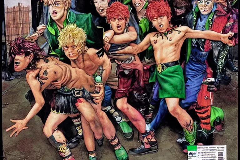 Image similar to 1 9 8 0's punk rock lost boys of neverland fighting an adult peter pan who abandoned them. london. art by glenn fabry. hyper realistic. london.