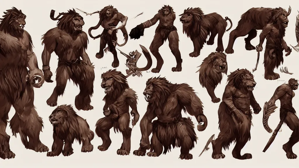 Prompt: lionman barbarian character design sheet, trending on artstation