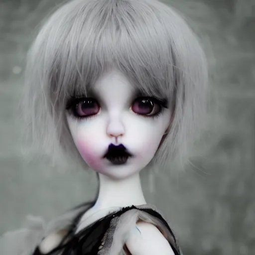 Prompt: a pretty full body woman BJD doll, grey hair, sad eyebrows, symetric eyes, photo realistic, heart mouth, torn tule tutu, melancholic atmosphere, gothic atmosphere, dark palette, pastel palette, bloodborn, pale roses