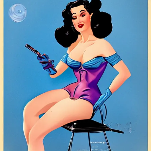 Image similar to a retro sci - fi pinup illustration of dita von teese in the style of alberto vargas and in the style of gil elvgren.