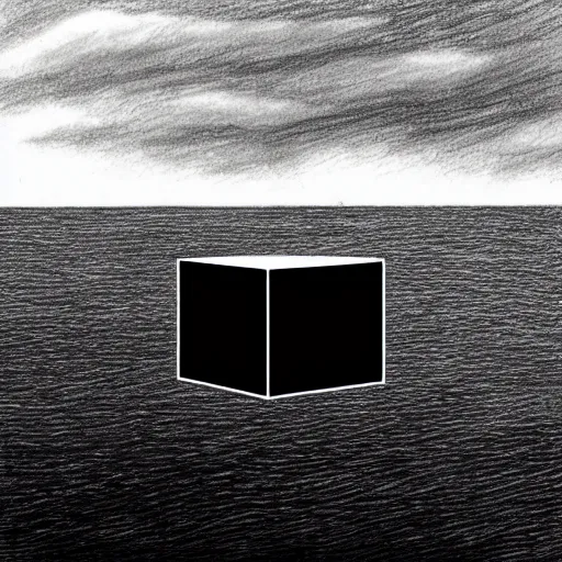 Image similar to a drawing of a black cube floating over the ocean in the style of Marco Tirelli