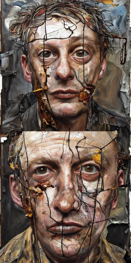 Image similar to a full length portrait of a very ordinary middle-aged man with a terrified expression, Anselm Kiefer and Lucian Freud and Jenny Saville, oil painting, rust, Scaffolding, rusted metal and sunflowers, iron cladding, decay, mixed media, textured, anatomically correct, beautiful perfect face, visible brushstrokes, sharp focus, twisted wire, Highly Detailed, nails, photographic emulsion cracked and peeling, Cinematic Lighting, 8k, HD