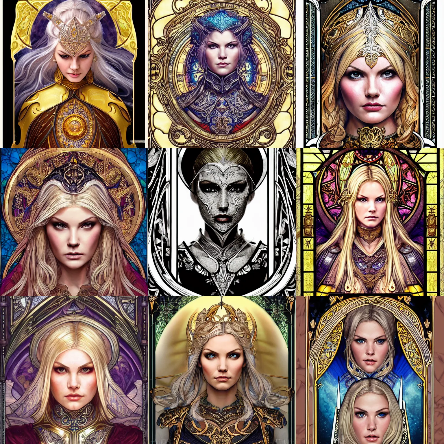 Prompt: head-on symmetrical centered painted portrait, Elisha Cuthbert as a paladin, blonde hair, ornate iron armour, art nouveau, tarot card, fantasy, stained glass style, intricate, elegant, highly detailed, smooth, sharp focus, illustration, artstation, in the style of Artgerm and Anna Podedworna and Alex Ross and Mucha