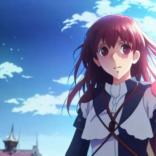 Prompt: emma watson in heavens feel movie, demon slayer, ufotable, kyoani, high quality, key visual, cinematic, city background, night time, rooftop, fate stay night, unlimited blade works, greg rutkowski, extreme close up, rin outfit, anime, high angle, high budget