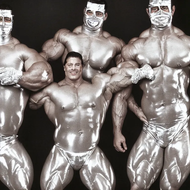 Image similar to 1990's sears portrait photos, an incredibly extremely muscular bodybuilder man and woman wearing shiny reflective full-body latex suits and masks