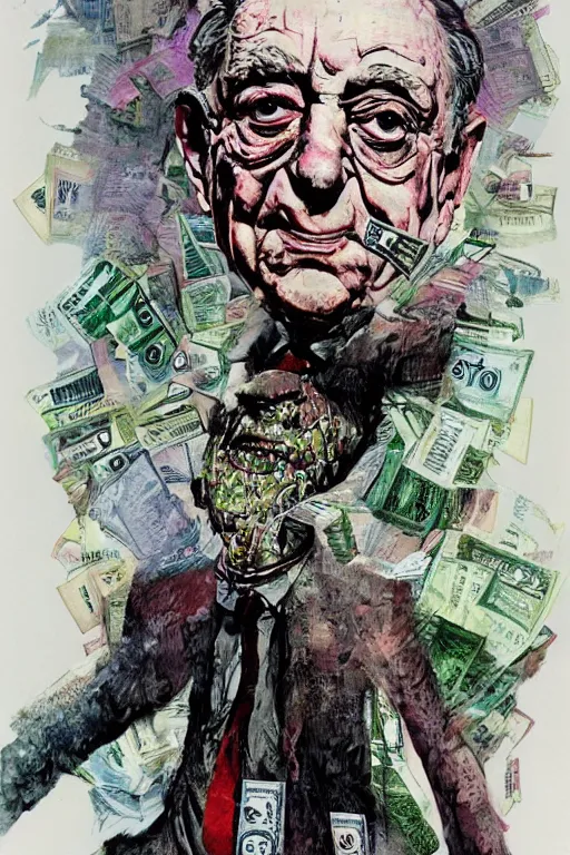 Image similar to George Soros full body shot, dollar bills Body horror, biopunk, by Ralph Steadman, Francis Bacon, Hunter S Thompson