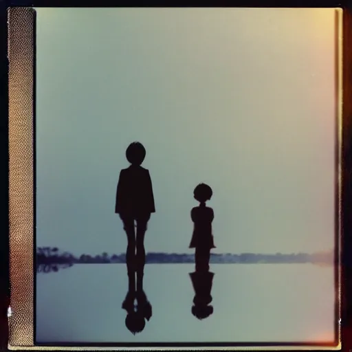 Image similar to polaroid of a dream, silhouettes, reflection, double exposure, high contrast, by Hayao Miyazaki