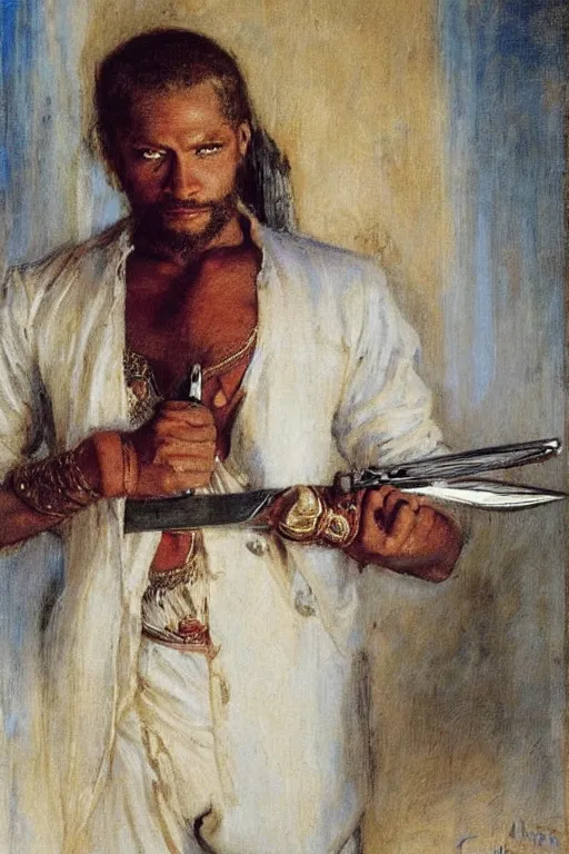 Image similar to a thirty year contract killer in all white. he is a sophisticated from africa. he is holding a knife. art by gaston bussiere.