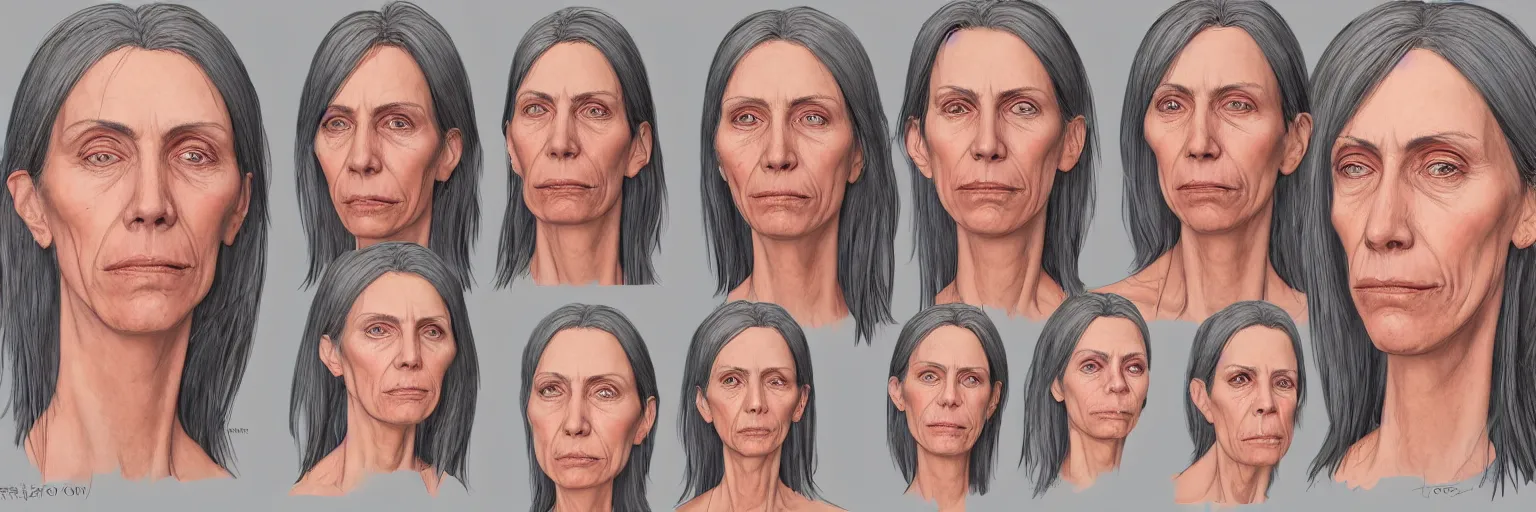 Image similar to colored pencils female character face study of iggy pop, skinny woman, 5 5 yo, clear female iggy pop faces, emotional, character sheet, fine details, concept design, contrast, kim jung gi, pixar and da vinci, trending on artstation, 8 k, 3 6 0 head, turnaround, front view, back view, ultra wide angle