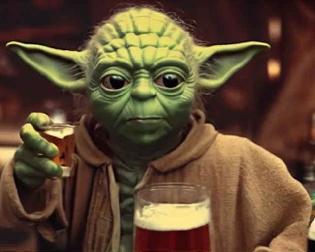 Image similar to film still of yoda drinking beer in a crowded bar in the new star wars movie 4 k