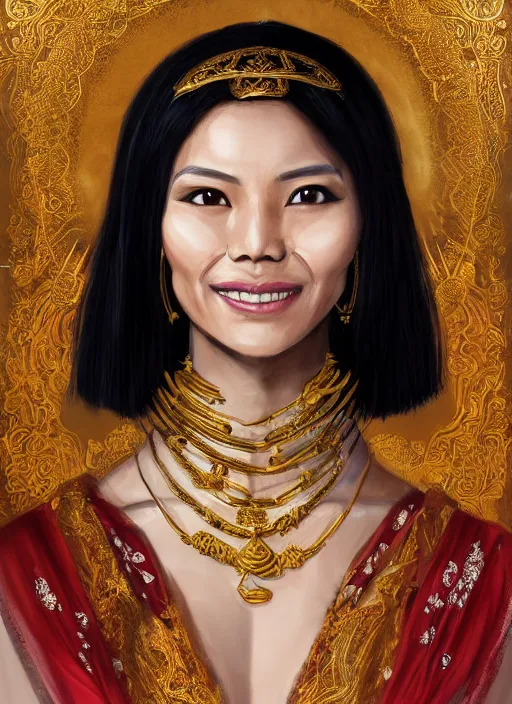 Image similar to portrait of a nepalese female sorceress, looking at camera, D&D, white dress with gold adornments, medium black hair with a red tint, intricate, elegant, stylish, cute smile, fantasy, extremely detailed, digital painting, artstation, concept art, smooth, sharp focus, illustration, ambient lighting, incredible artwork by gerald brom + bruce pennington + keith parkinson + tom white