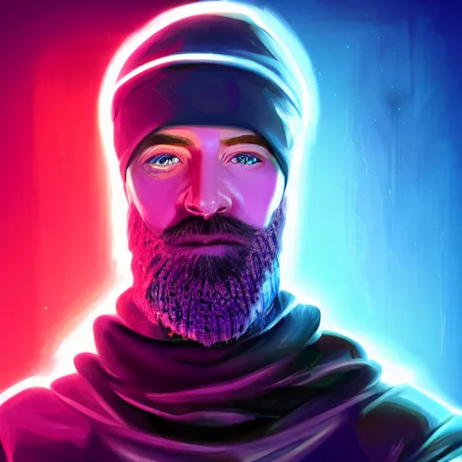 Image similar to a portrait of an ultradetailed futuristic male cyberpunk wearing a hoodie on his head, bearded, deep blue eyes, by dylan kowalski, 8 k, purple neon colours, digital painting