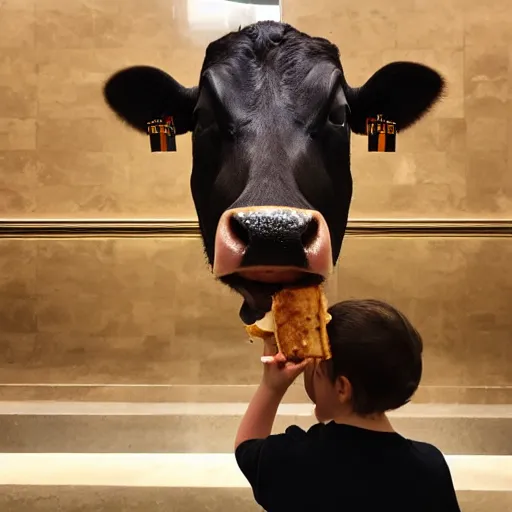 Prompt: a cow named Elsie eating grilled cheese inside the metropolitan museum and viewing art