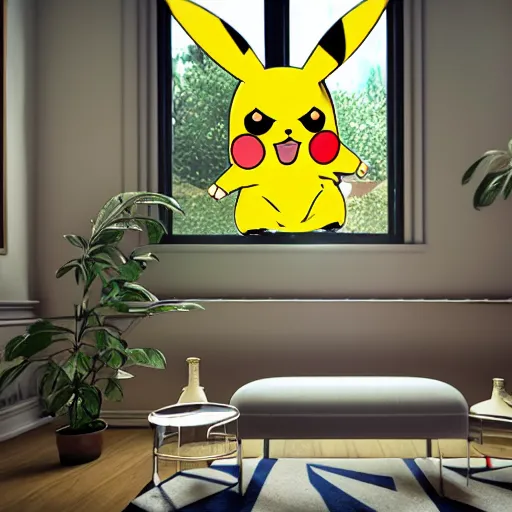 Image similar to Pikachu taking a bong rip on the couch, unreal engine 5, octane render, cgsociety, living room interior, soft lighting, ray tracing,