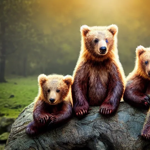 Image similar to a very very beautiful closeup picture of three cute bear cubs with very happy faces sitting inside a tent in the woods, sunset, vivid colors, soft lighting, atmospheric, cinematic, moody, trending on artstation, oil on canvas, 8K