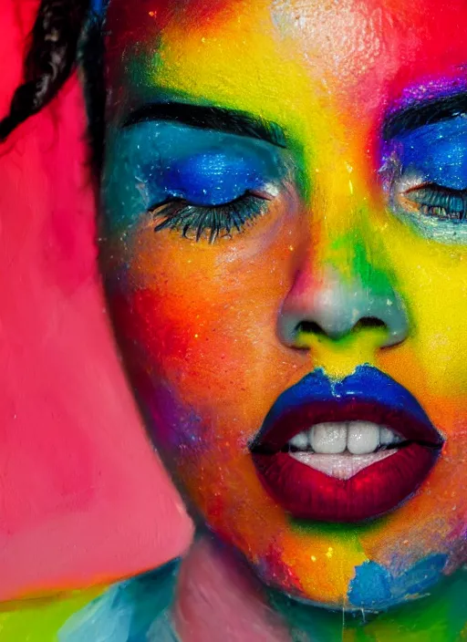 Image similar to close up of a person's face with colorful makeup, an ultrafine detailed painting by paul bodmer, featured on unsplash, neo - fauvism, vivid colors, unsplash hd, fauvism