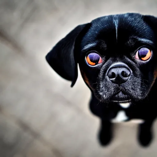 Image similar to a black pugalier looking straight in to the camera, symmetrical, macro photography, ambient light, perfect focus