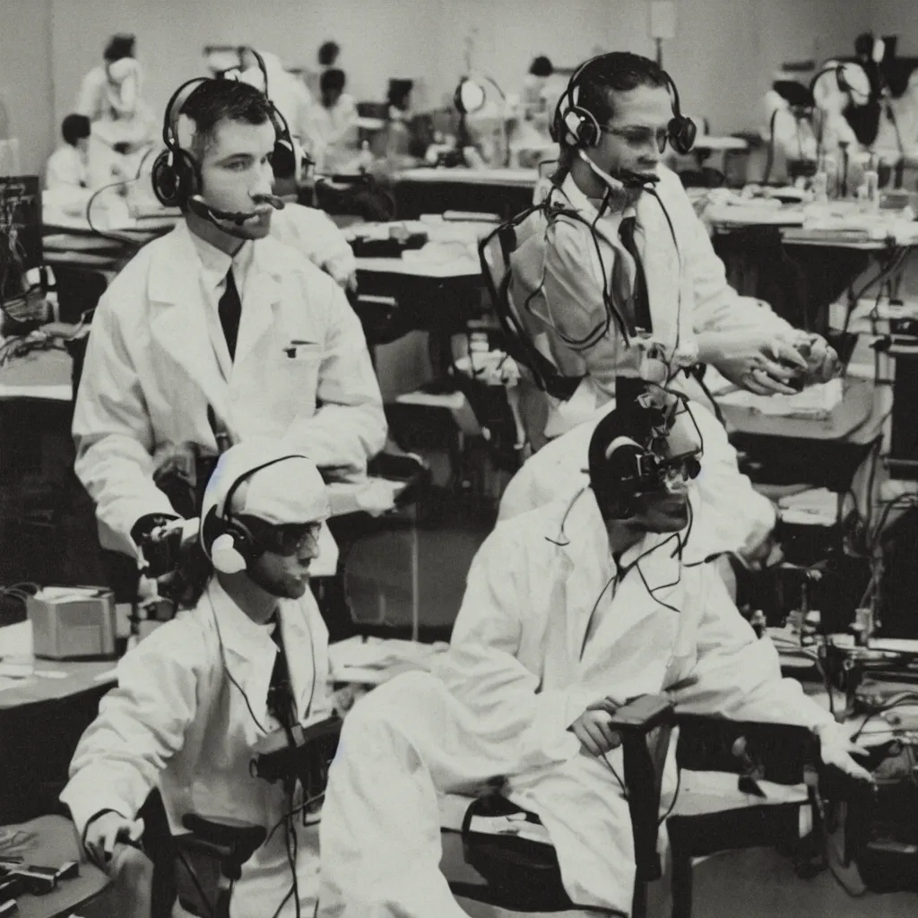 Prompt: a young man sitting on a chair wearing a headset connected to a supercomputer, surrounded by scientists in lab coat in a dimly lit room, film grain, photojournalism, sepia