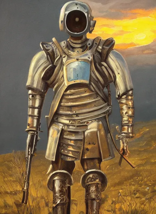 Prompt: a detailed painting of a man in post apocalyptic home made armour and a helmet holding a modified shotgun walking towards a sunset. hd. 1 9 5 0 s oil painting style.