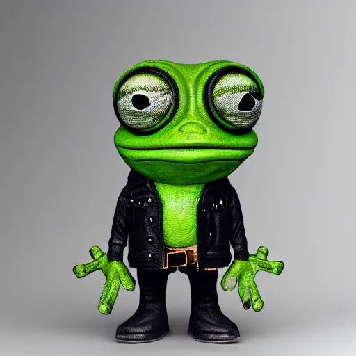 Image similar to perfectly accurate miniature figure of pepe the frog wearing jeans and a black leather jacket, soft textures, skin texture, clothing, 3d sculpture, textured, fine detail, lifelike, photo, high resolution, octane render, post processing, after effects, trending on artstation