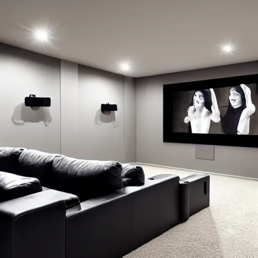 Image similar to a modern home movie theater, sleek, stylish, comfortable, charcoal sketch, professional