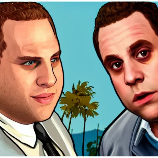 Prompt: jonah hill as a gta v character talking to trevor