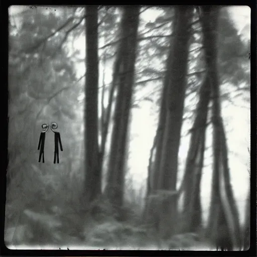 Image similar to Slenderman in the woods, old polaroid photography, grainy film, black and white