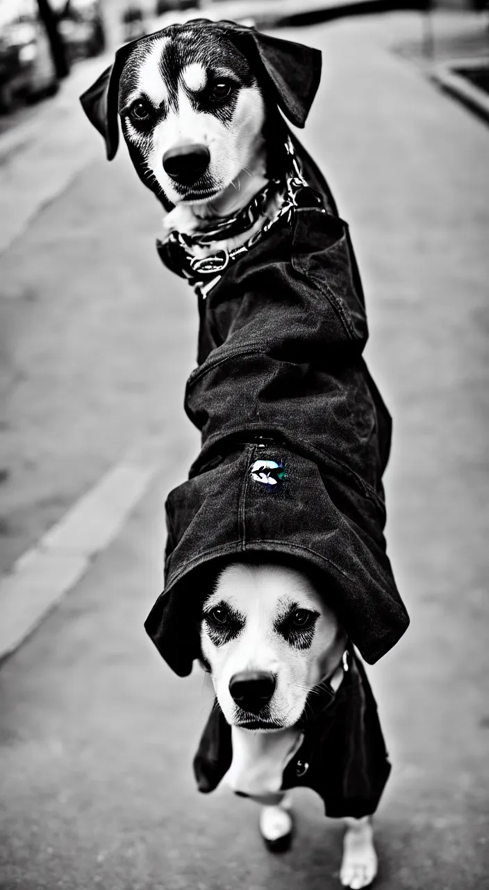 Prompt: fashion photography of a dog, wearing carhartt clothes, outside, streetwear, casual outfit, photo 3 5 mm leica, hyperdetail, 4 k, very detailed, black and white