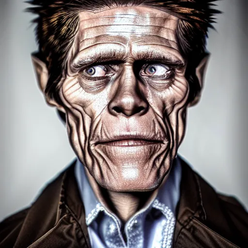 Image similar to photo portrait of willem dafoe cosplaying as postal dude, willem dafoe, realistic, hyperrealistic, 8 k resolution, hd quality, very detailed, highly detailed, intricate details, real life, real world, trending on artstation, digital art, really realistic, very realistic, headshot, head in frame, photograph, portrait, head in frame