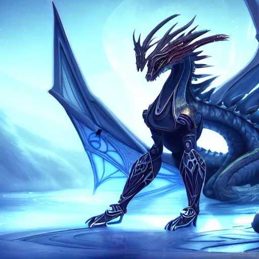 Image similar to highly detailed exquisite fanart, of a beautiful female warframe, but as a dragon, elegant cinematic pose, sitting on top of a cryopod, inside a spaceship, epic cinematic shot, sharp clawed perfectly designed hands, two legged, long dragon tail, professional digital art, high end digital art, captura, DeviantArt, artstation, Furaffinity, 8k HD render