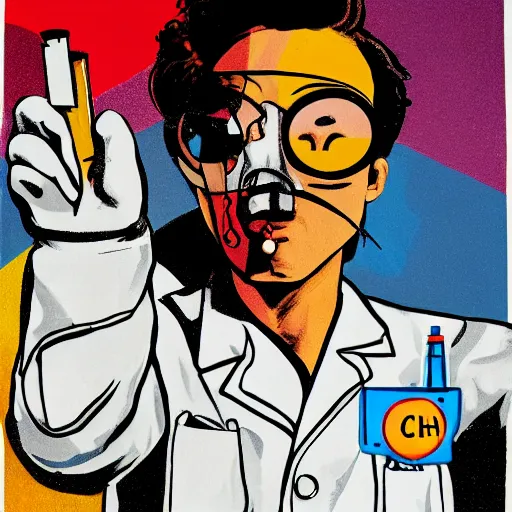 Image similar to a burning chemist in a white coat, modern pop art