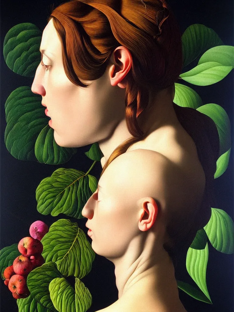 Prompt: hyperrealistic still life portrait woman's face in profile, beautiful plants, jungian archetypes, light refracting through prisms in a tesseract, by caravaggio, botanical print, surrealism, vivid colors, serene, by rene magritte