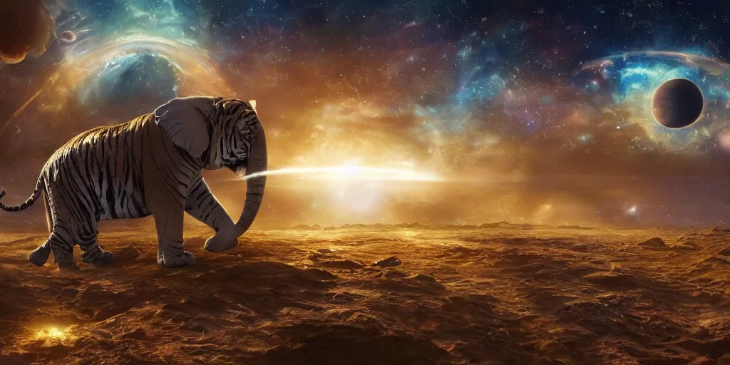 Image similar to planet - sized tiger elephant in space, next to the sun and stars, cosmic, very wide shot, epic composition, hyper detailed, digital art, trending in artstation, cinematic lighting, studio quality, unreal engine 5 rendered, art style by klimt and nixeu and ian sprigger and wlop and krenz cushart