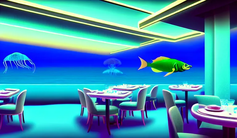Image similar to a beautiful, sharp focus, clean lines. the interior of an art deco undersea restaurant. vaporwave ombre rendering. outrun style. fish. neon backlit jellyfish. trending on artstation. recommended for you behance. by chris moore. by edward hopper. ambient occlusion. digital matte painting. metropolis filmic. gotham city.