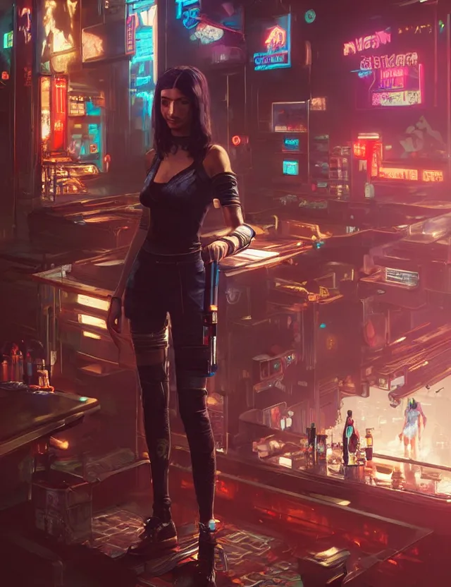 Image similar to a young female waitress as cyberpunk 2 0 7 7 concept art, art by ryo shiotani and greg rutkowski, intricate, beautiful, cute, cinematic lighting, vintage art by serge ivanoff, high resolution, very detailed