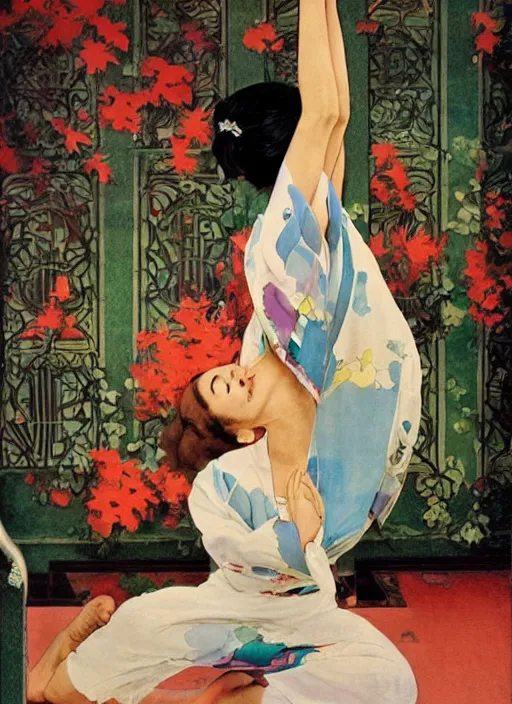 Prompt: an art nouveau realistic illustration poster of a girl doing yoga with a kimono designed by balenciaga by john berkey and norman rockwell