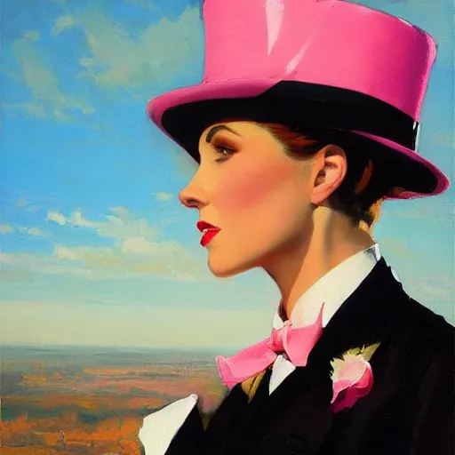 Prompt: an attractive female in a pink suit and tie, standing on a cliff, wearing a tophat, looking out at a pink ocean, by jc leyendecker!! phil hale!, angular, brush strokes, painterly, vintage, crisp