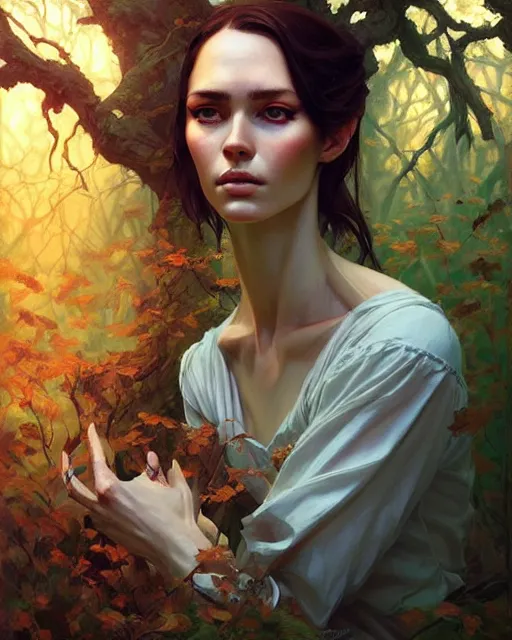 Prompt: stylized portrait of an artistic pose, composition, old forest witch surrounded by nature, realistic shaded, fine details, realistic shaded lighting poster by ilya kuvshinov, magali villeneuve, artgerm, jeremy lipkin and michael garmash and rob rey