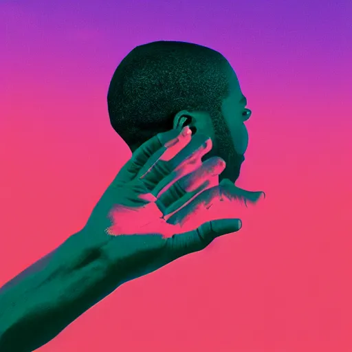 Prompt: an album cover of a man with his hand on his chin, featured on unsplash, afrofuturism, synthwave anaglyph filter, studio portrait