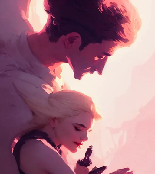 Prompt: portrait of cullen kissing dany by atey ghailan, by greg rutkowski, by greg tocchini, by james gilleard, by joe fenton, by kaethe butcher, dynamic lighting, gradient light pink, brown, blonde cream and white color scheme, grunge aesthetic