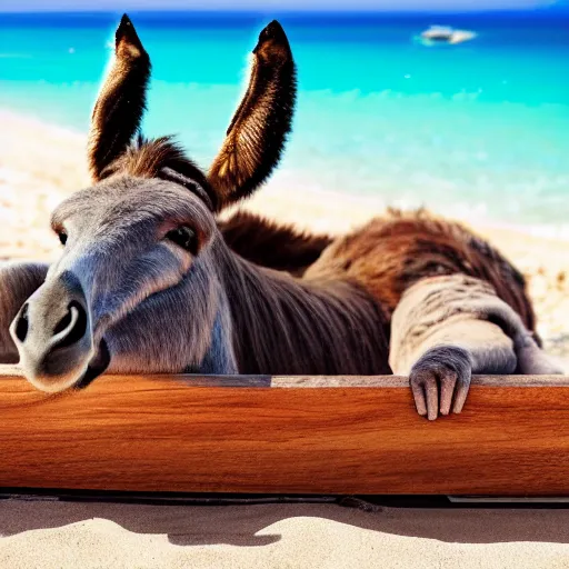 Prompt: A Donkey wearing cool glasses is lying on a sunbed at the beach, 8k, highly detailed