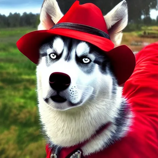 Image similar to a husky wearing a red shirt in the style of the red dead redemption 2 cover art