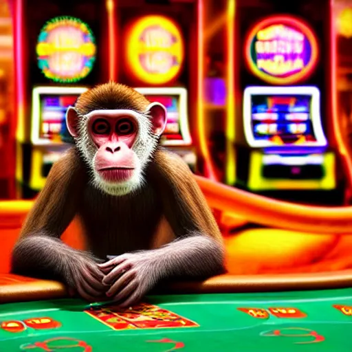 Prompt: Monkey drinking beerat a casino spinning a slot machine, Hyper Realism, realistic, cinematic lighting, ambient lights,