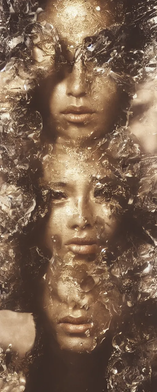 Prompt: Hyper realistic portrait of a single goddess, ((gold fluid simulation in the background)), Hyper realistic film photography by Yohji Yamamoto, Zeiss 50mm f1.8, Hasselblad, insanely detailed, sharp focus