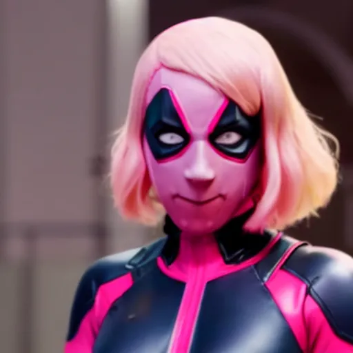 Image similar to A still of Gwenpool in Deadpool 3 (2023), no mask, blonde hair with pink highlights