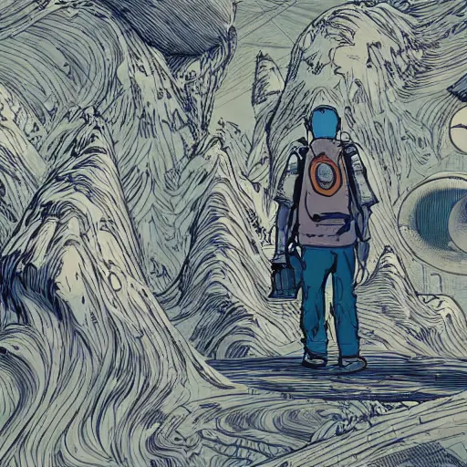 Image similar to weary traveller wandering through an alien world, by james jean, 4 k, beautiful, cinematic dramatic